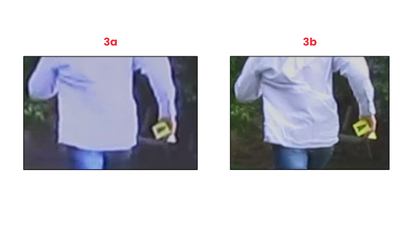 Comparison of a cropped frame from video clips a) filmed as it played on a screen and b) from a working copy