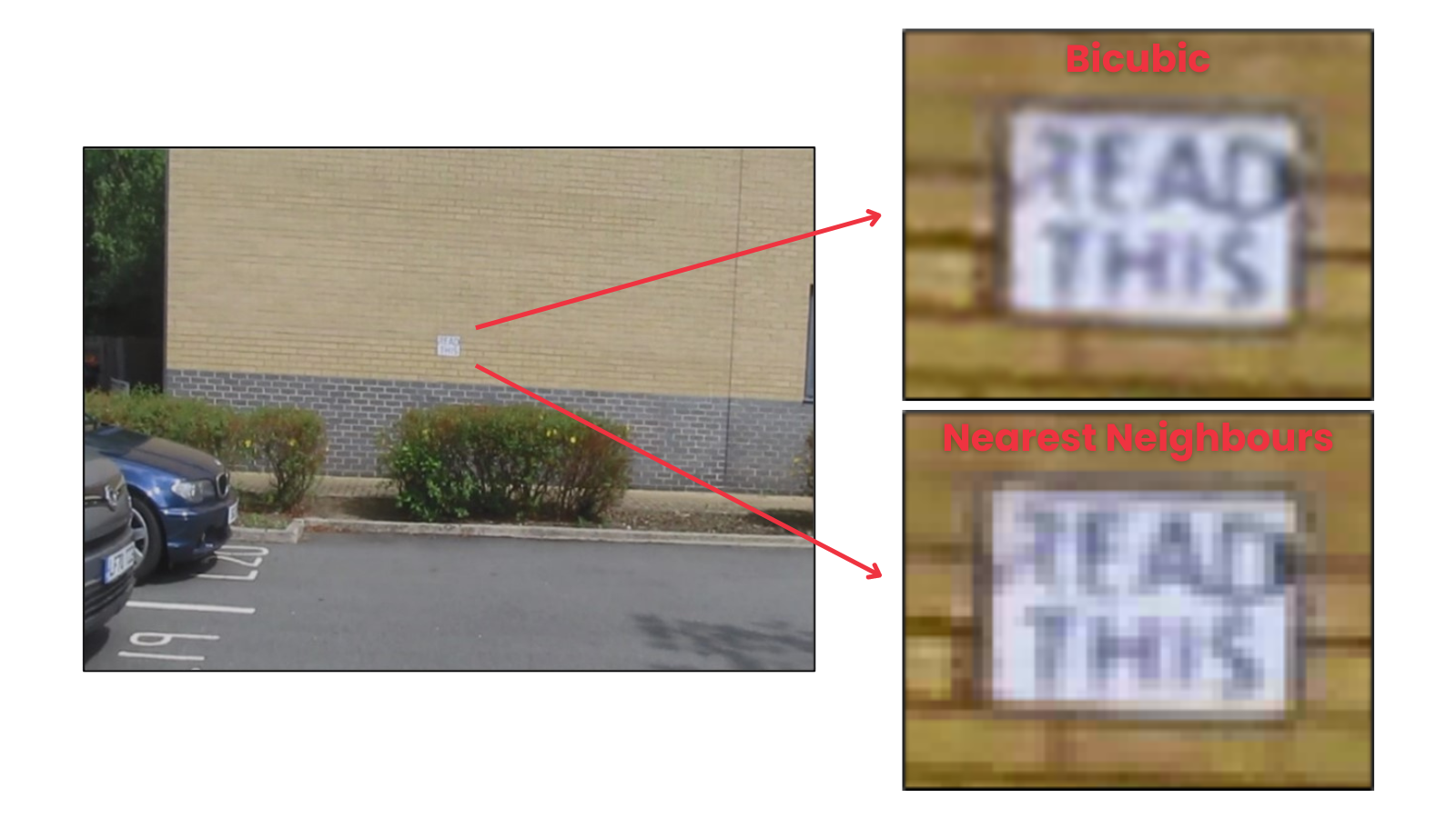 Three images showing different interpolation methods of wall-mounted sign