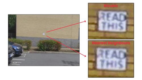 Three images showing different interpolation methods of wall-mounted sign