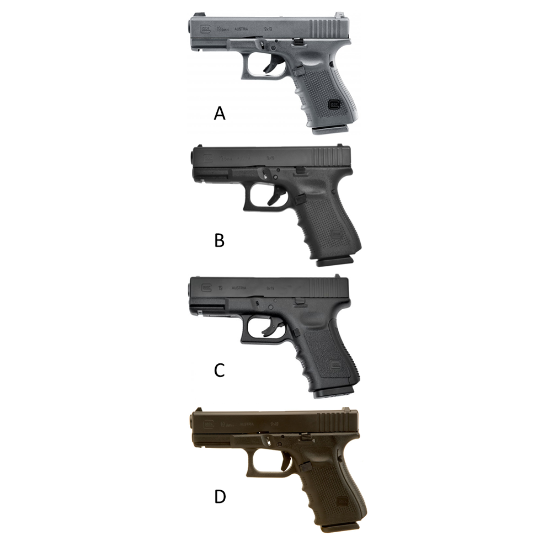 A selection of firearms, both imitation and real, for comparison purposes
